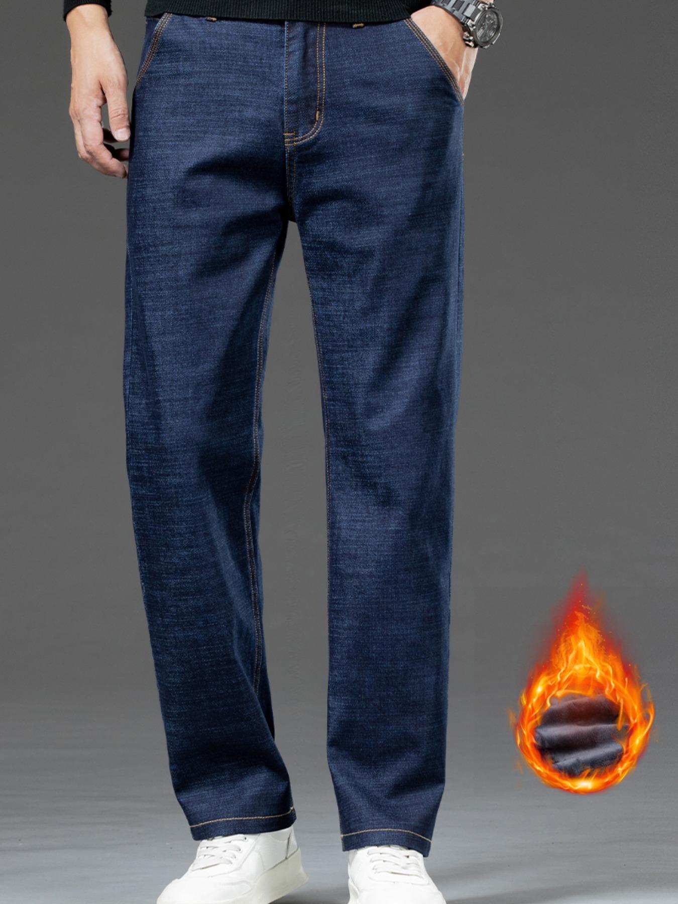 Men's Denim Jeans with Topstitching, Loose Straight Leg Long Pants, Stretch Fashion Pants for Fall & Winter