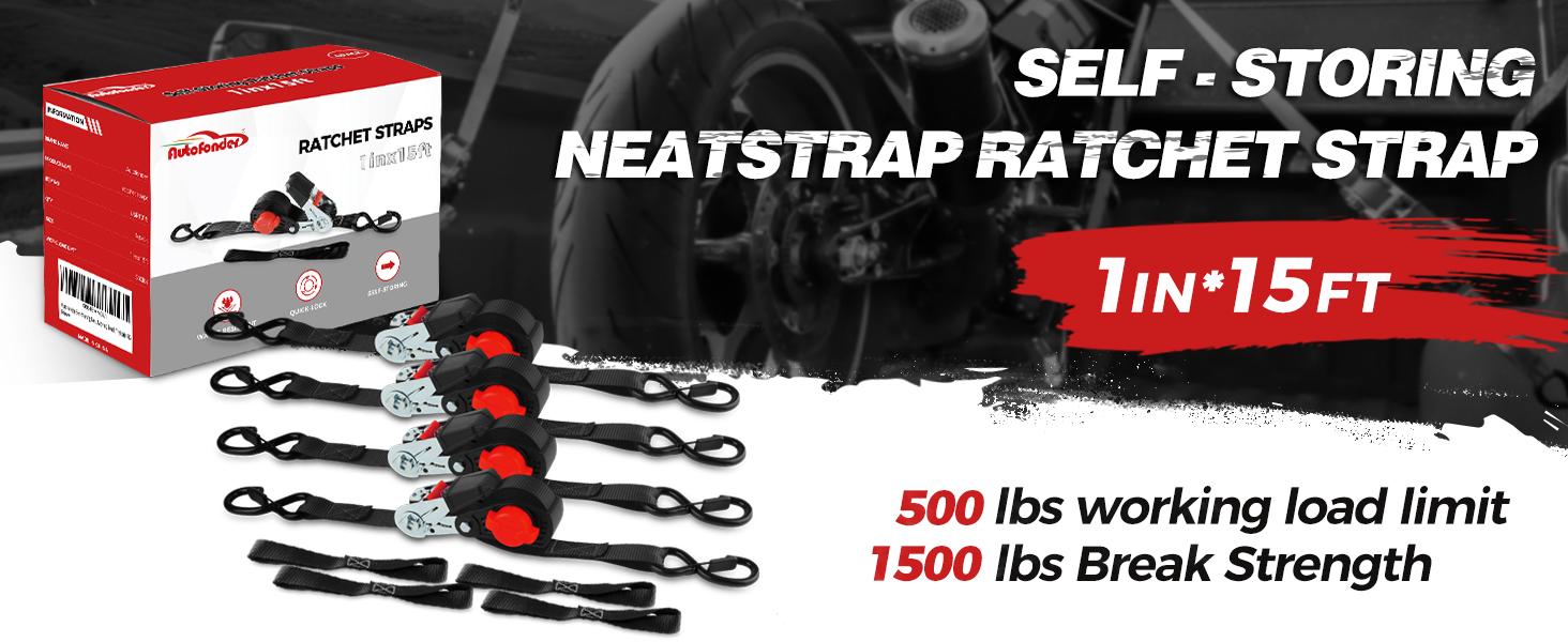 NeatStrap Self-Storing Retractable Ratcheting Straps (4PK) - 1"x15', 1500lbs Break Strength, Safety Lock, Chromoly S Hooks, Plastic-Grip Lever, Vinyl Soft Loops - Time-Saving Load Binding for Motorcycle, Moving Truck Cargo, Heavy Duty, Bikes, Chromoly Ste
