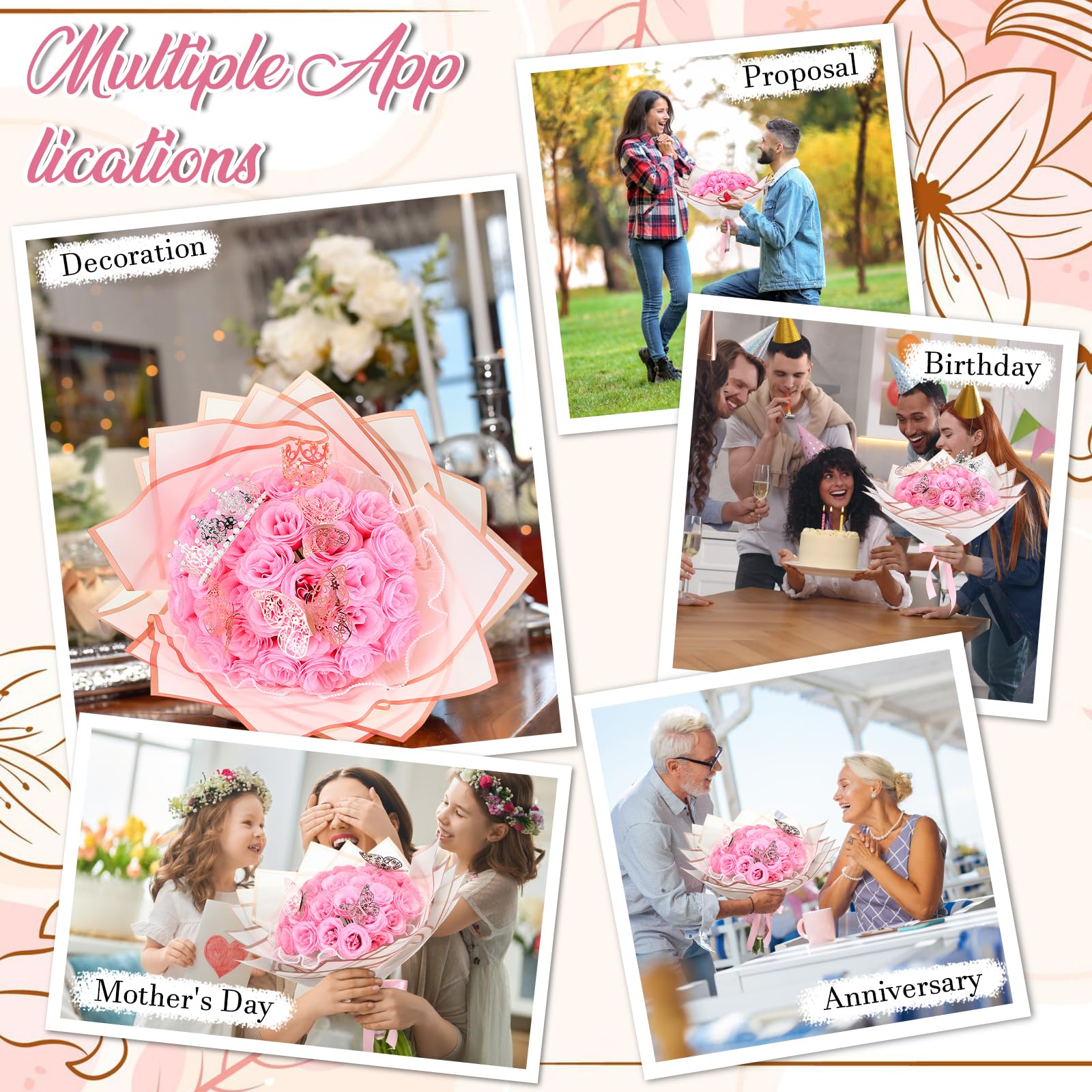 24/36 Pcs Mother's Day Gift Glitter Roses Bouquet Set DIY Fake Flowers Bouquet with 3D Butterflies Crowns Alphabet Stickers & Ribbons for Girlfriend Wife Mom Women Gift Perfect for Valentine's Day Birthday Engagement Wedding Anniversaries Graduation