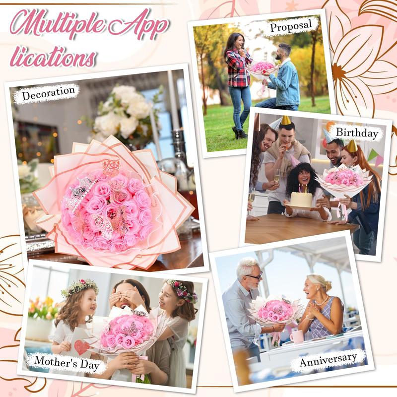 24/36 Pcs Valentine Gift Glitter Roses Bouquet Set DIY Fake Flowers Bouquet with 3D Butterflies Crowns Alphabet Stickers & Ribbons for Girlfriend Wife Mom Friend Women Gift Perfect for Valentine's Day Birthday Engagement Wedding Anniversaries Graduation