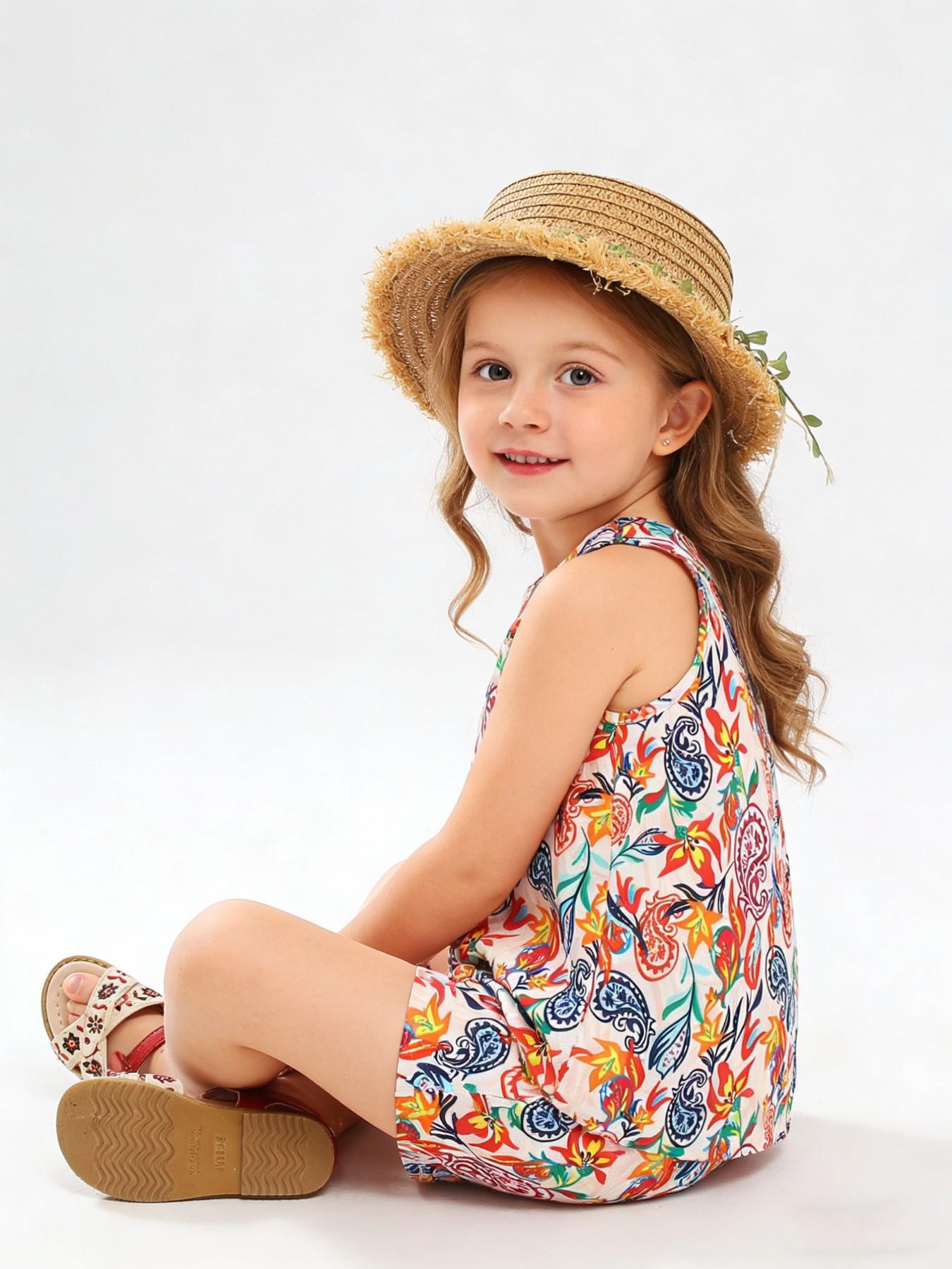 Girls' Colorful Floral Paisley Set, Lightweight Sleeveless Top + Loose Shorts, Bohemian Style Summer for Kids Aged 2-7 Years