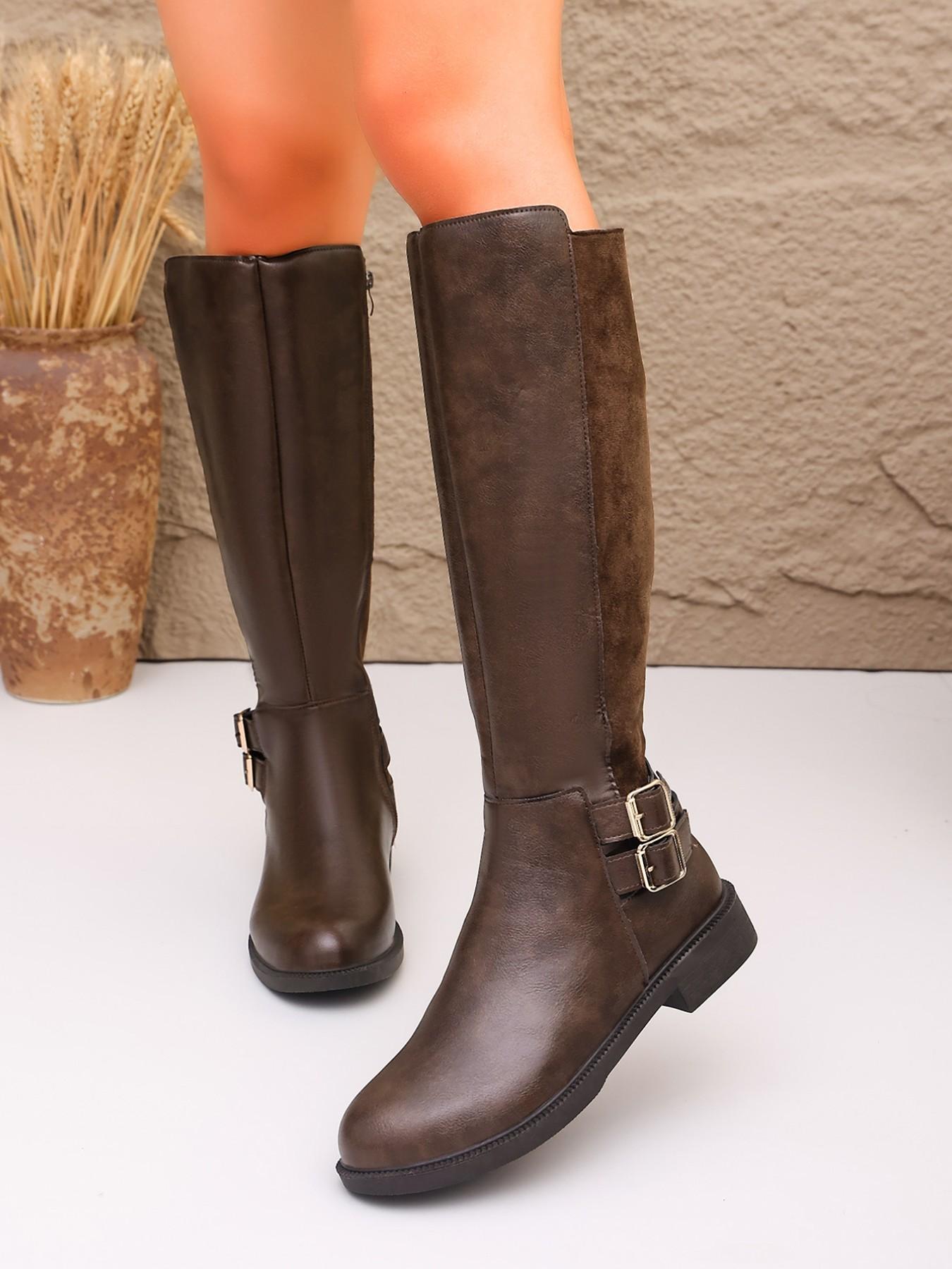 Simple Straight Calf Knight Boots, Round Toe Flat Sole, Dual Buckle Decor, Distressed PU Leather, Side Zipper, Daily Wear Tall Boots