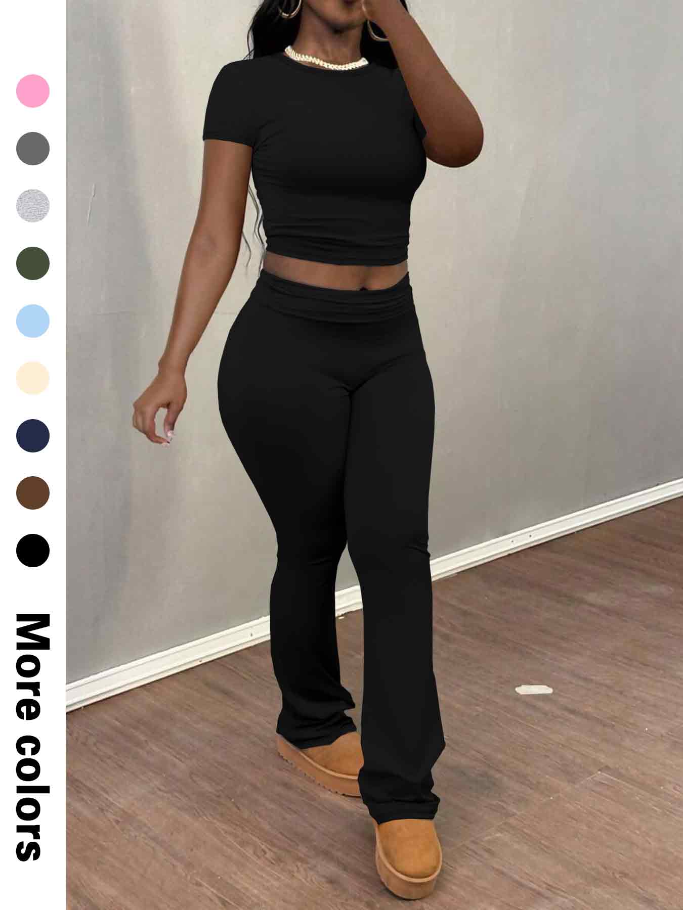 Women's Solid Color Crop Tee & Flare Leg Pants Two-piece Set, Casual Fashion Cozy Round Neck Short Sleeve Top & Trousers for Daily Outdoor Wear, Ladies Clothes for Summer