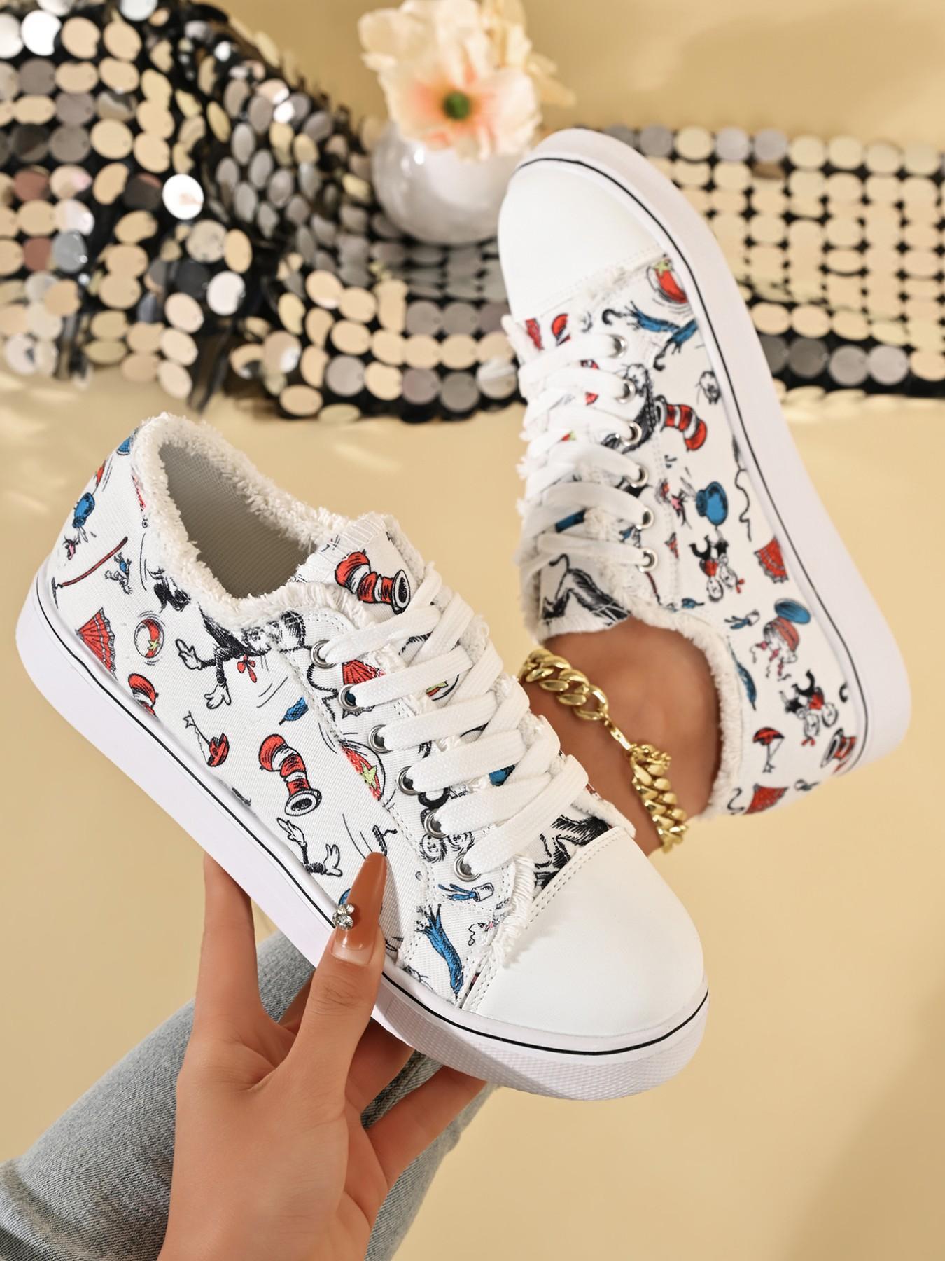 Women's Fashion Multi-Pattern Casual Shoes, Faux Fur Trim Canvas Sneakers, Breathable Outdoor Wear, Versatile Women's Footwear