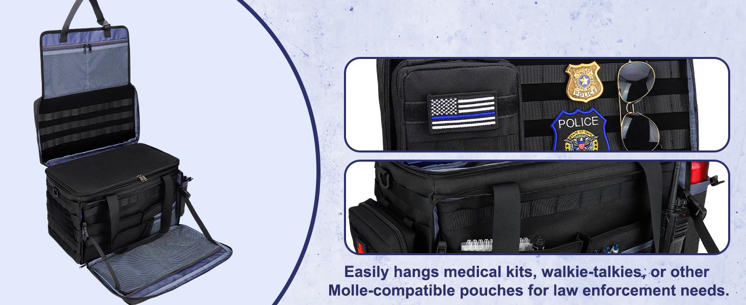 Patrol Bag Law Enforcement Police Gear Bag, Car Front Seat Organizer Tactical Officer Duty Bags, Police Car Accessories for Passenger Seat, Multiple Compartment Molle Webbing Removable Shoulder Strap