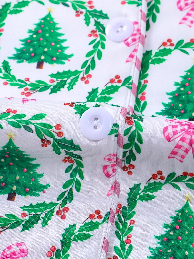 2-piece set full of bow garlands, Christmas tree prints, Christmas long sleeves, long pants, striped cuffs, collar, top, small pockets, elastic waistband, button closure, suitable for all seasons home wear, Loungewear, pajamas