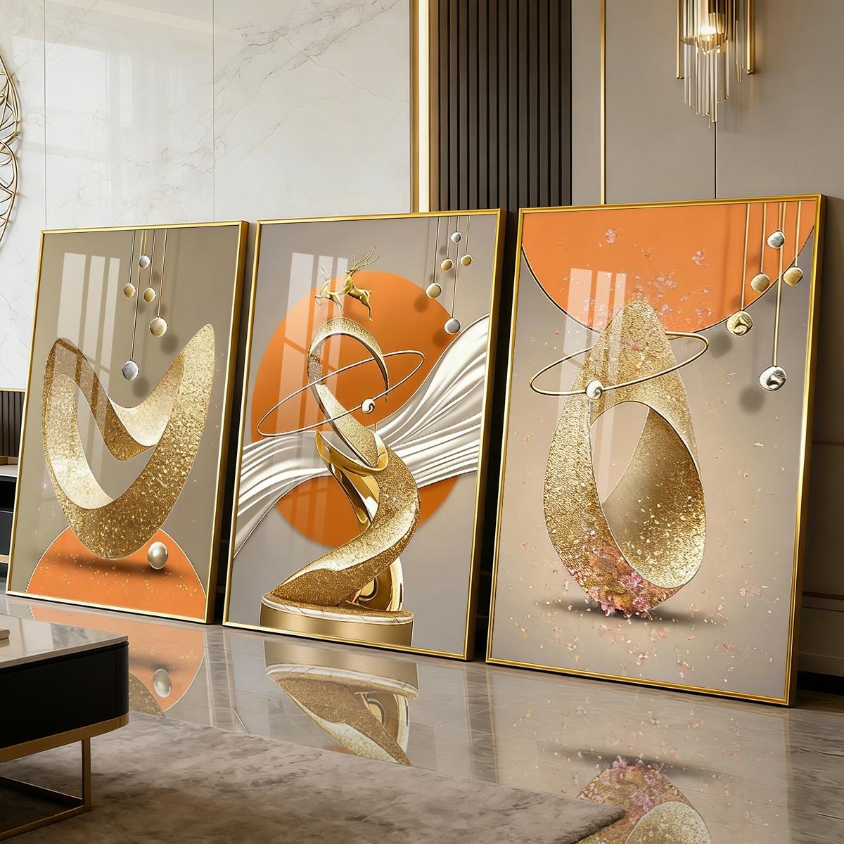 3 Counts Aluminum Alloy Framed Painting, Modern Abstract Golden Sculptural Art Pictures, Home Decoration For Living Room, Bedroom, Office, Restaurant, Hallway Wall Decor, Odorless Print Artwork, Luxury Perfect Gift For Friends And Family