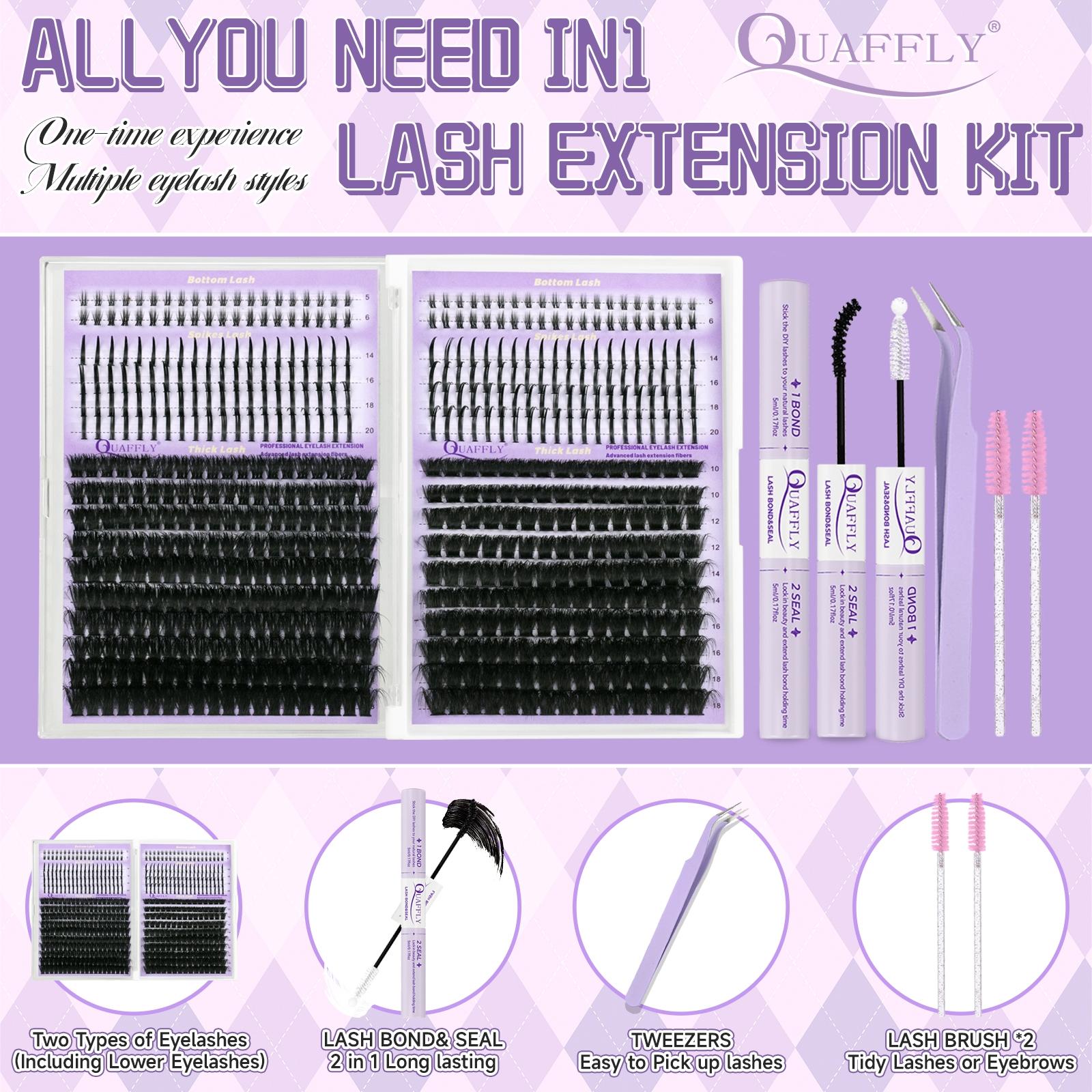 DIY Lash Extension Kit 100D+150D Volume Lash Clusters with Spikes Lash Extension Kit Bottom Lashes Wispy Cluster Eyelash Extensions Kit with Lash Bond and Seal Tweezer Brush Easy To Apply Eyelash Set