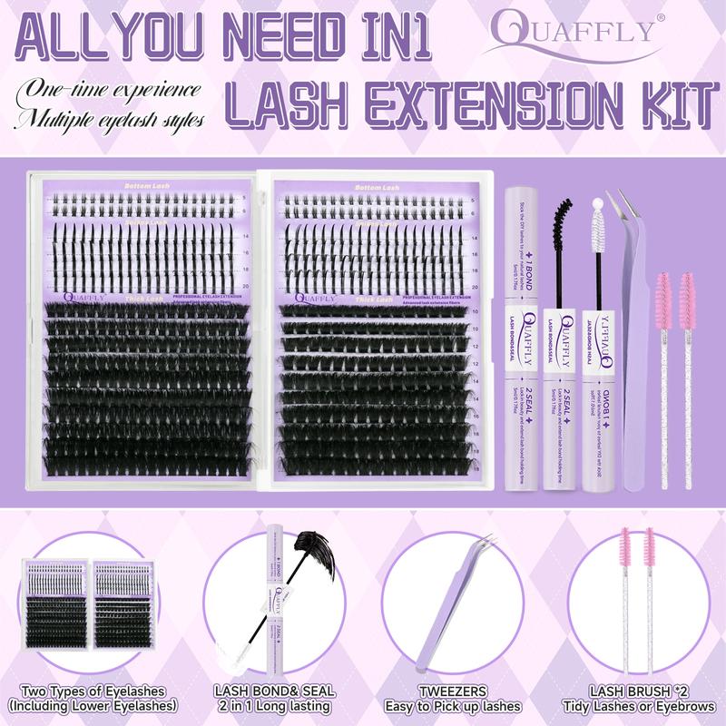 DIY Lash Extension Kit 100D+150D Volume Lash Clusters with Spikes Lash Extension Kit Bottom Lashes Wispy Cluster Eyelash Extensions Kit with Lash Bond and Seal Tweezer Brush Easy To Apply Eyelash Set