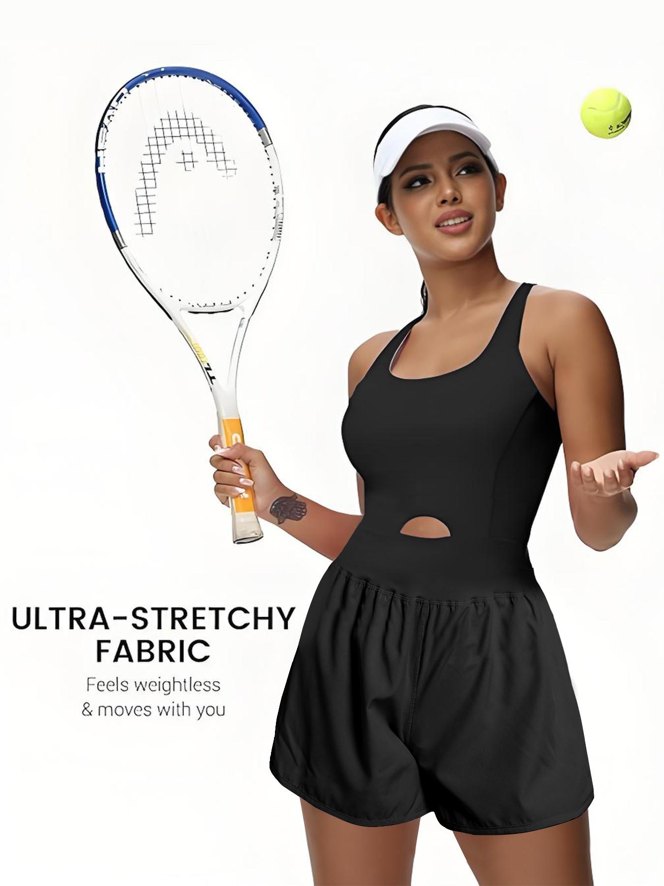 Women's Solid Color Cut Out Sports Romper, Sporty Romper, Casual Sleeveless Tank Romper, High Waisted Romper, Elastic Waist Romper, Workout Rompers, Exercise Rompers, Athletic Rompers for Yoga Gym Workout, Ladies Sportswear for All Seasons, Yoga Jumpsuits