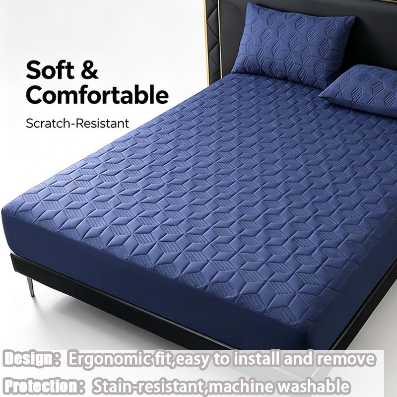Waterproof Quilted Fitted Sheet Set - 3 Pieces (1 Mattress Cover + 2 Pillowcases), Deep Pocket, Navy Blue