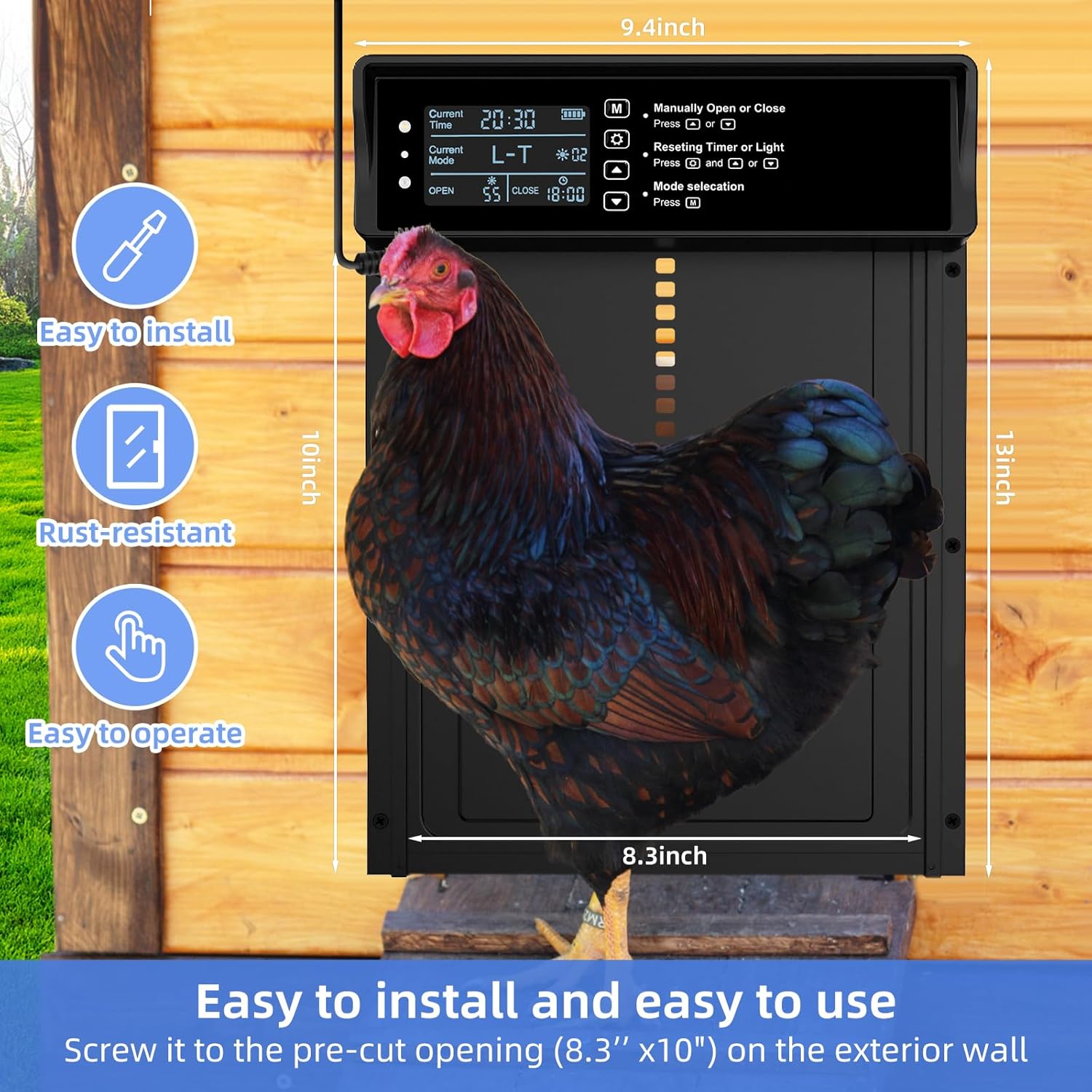 Solar Automatic Chicken Coop Door with LCD Screen, Timer Light Sensor Remote Manual Rechargeable Electric Poultry Gate, Chicken Coop Enclosure