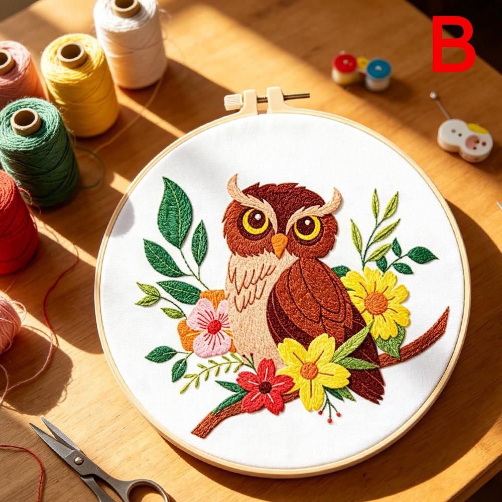Animal Theme Embroidery Kit for Beginners, Owl Pattern Hand Sewing Set, Includes Fabric, Threads, Tools, Hoop, Instructions, Home Decor, Gift