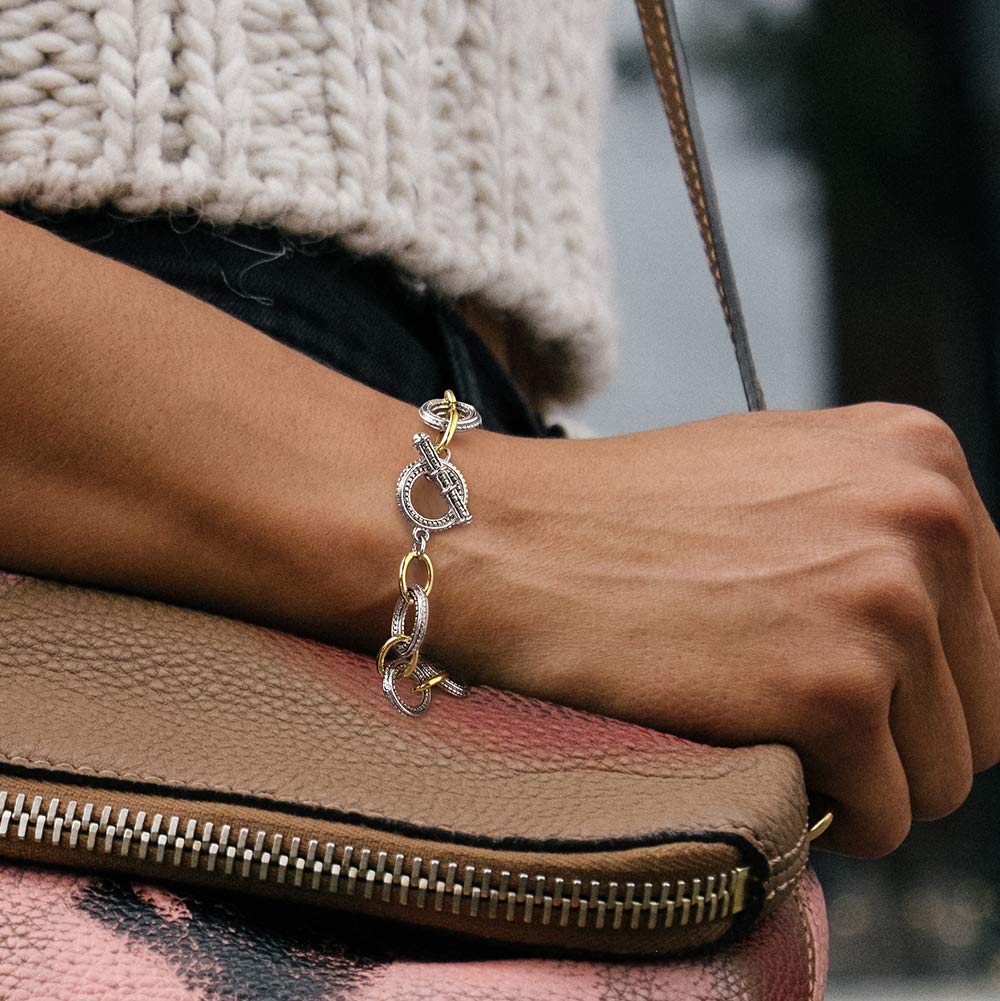 Mytys Cable Chain Link Bracelet Two Tone Circles Wire Bangle Designer Inspired Classic Jewelry Gift Stainless Steel Wrist Adjustable Cuff For Women