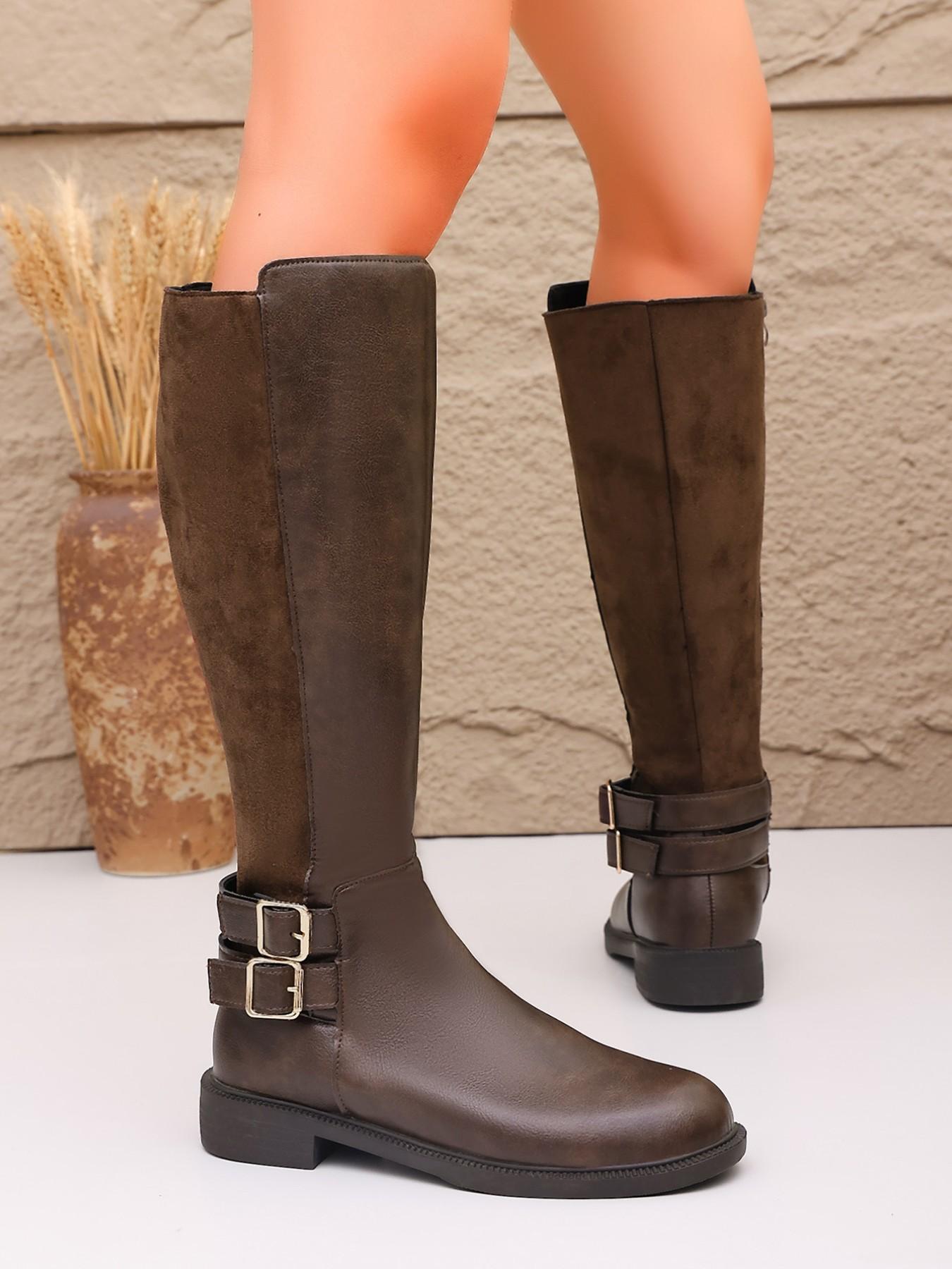 Simple Straight Calf Knight Boots, Round Toe Flat Sole, Dual Buckle Decor, Distressed PU Leather, Side Zipper, Daily Wear Tall Boots