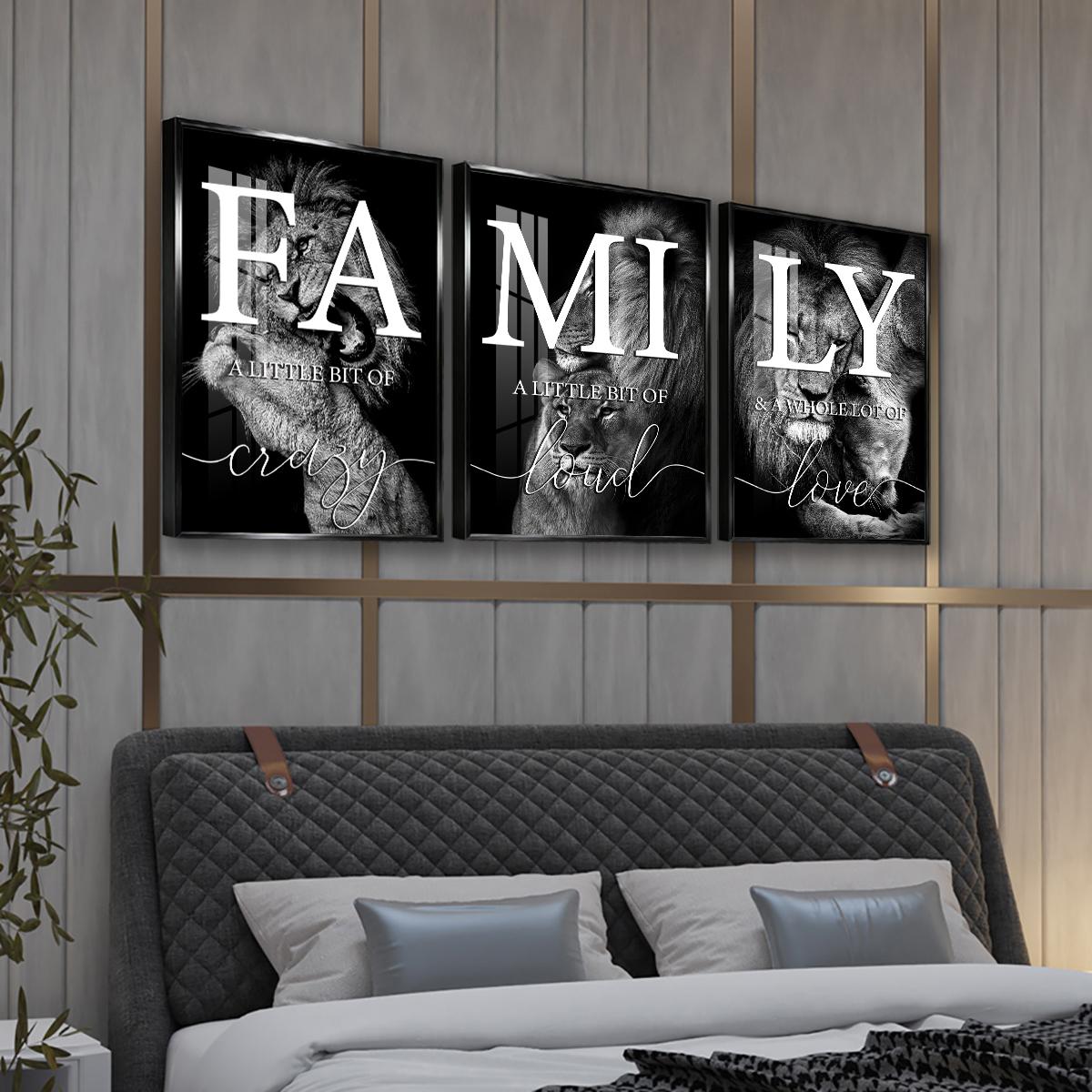 3 Counts Aluminum Alloy Framed Painting, Family Lion Wall Art Black And White Animal Poster, Home Decoration For Living Room, Bedroom, Office, Restaurant, Hallway Wall Decor, Odorless Print Artwork, Luxury Perfect Gift For Friends And Family