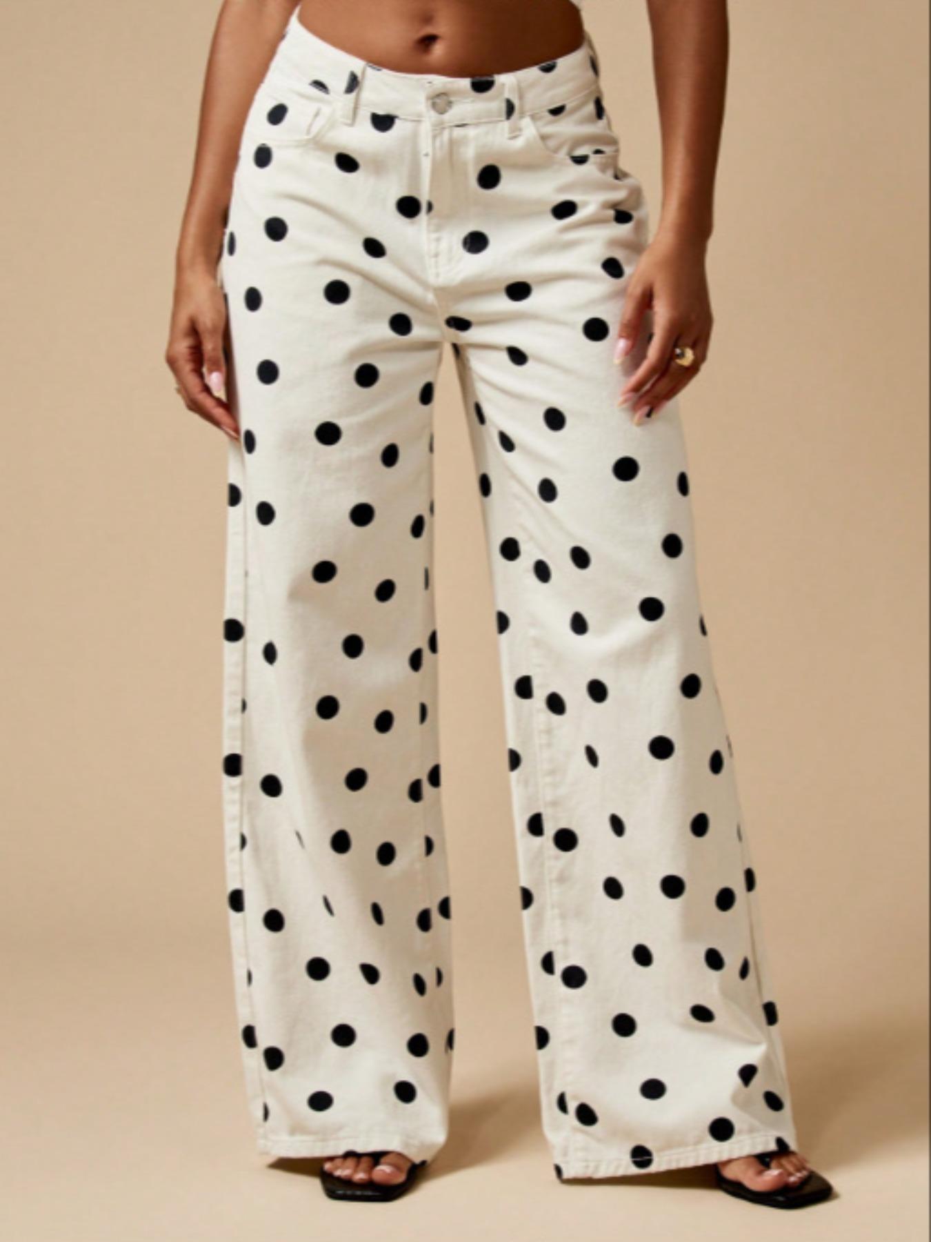 Women's Fashion Abstract Polka Dot Print Loose Pocket Casual Wide Leg Pants, Comfortable High Waist Bohemian Trousers Fit for Daily Wear