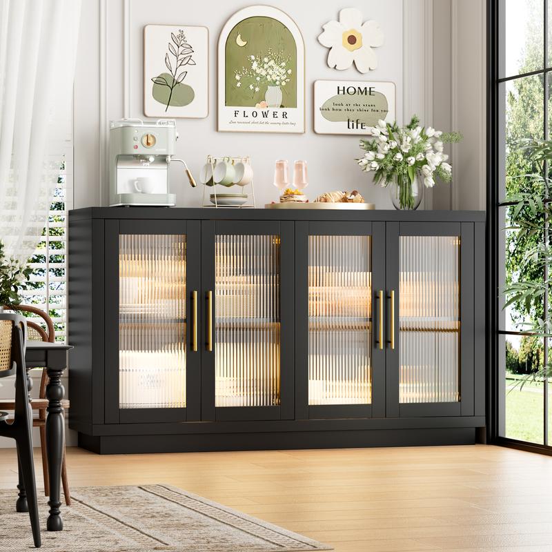 FOTOSOK Buffet Cabinet with Storage, 55.1" Large Sideboard with 4 Glass Doors, Kitchen Cabinet Buffet Table, Wood Coffee Bar Display Cabinet