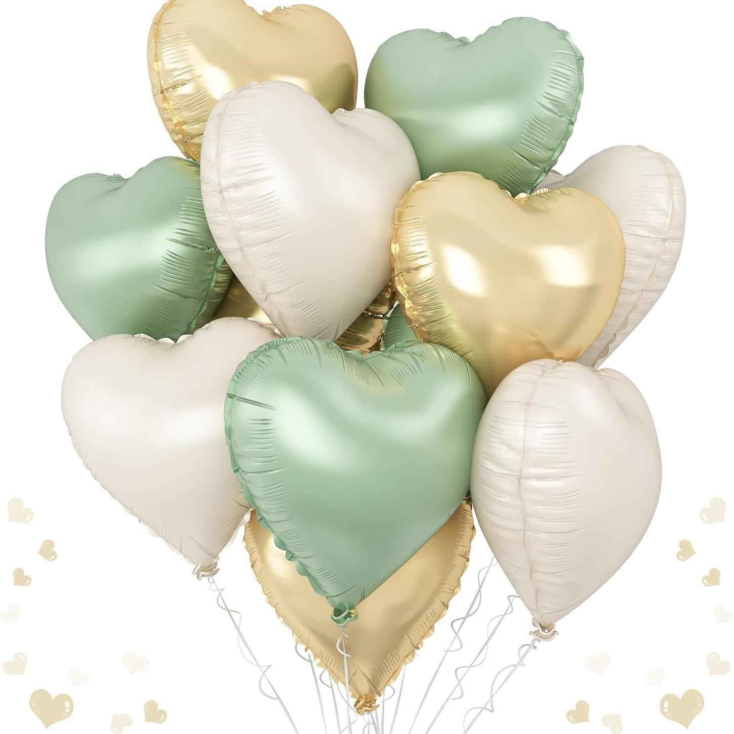 Green gold heart-shaped balloons, 12 green gold heart-shaped aluminum foil balloons with 2 accessories, 18 inch green cream white heart-shaped foil balloons, suitable for jungle, forest, birthday, wedding, baby party, party decoration