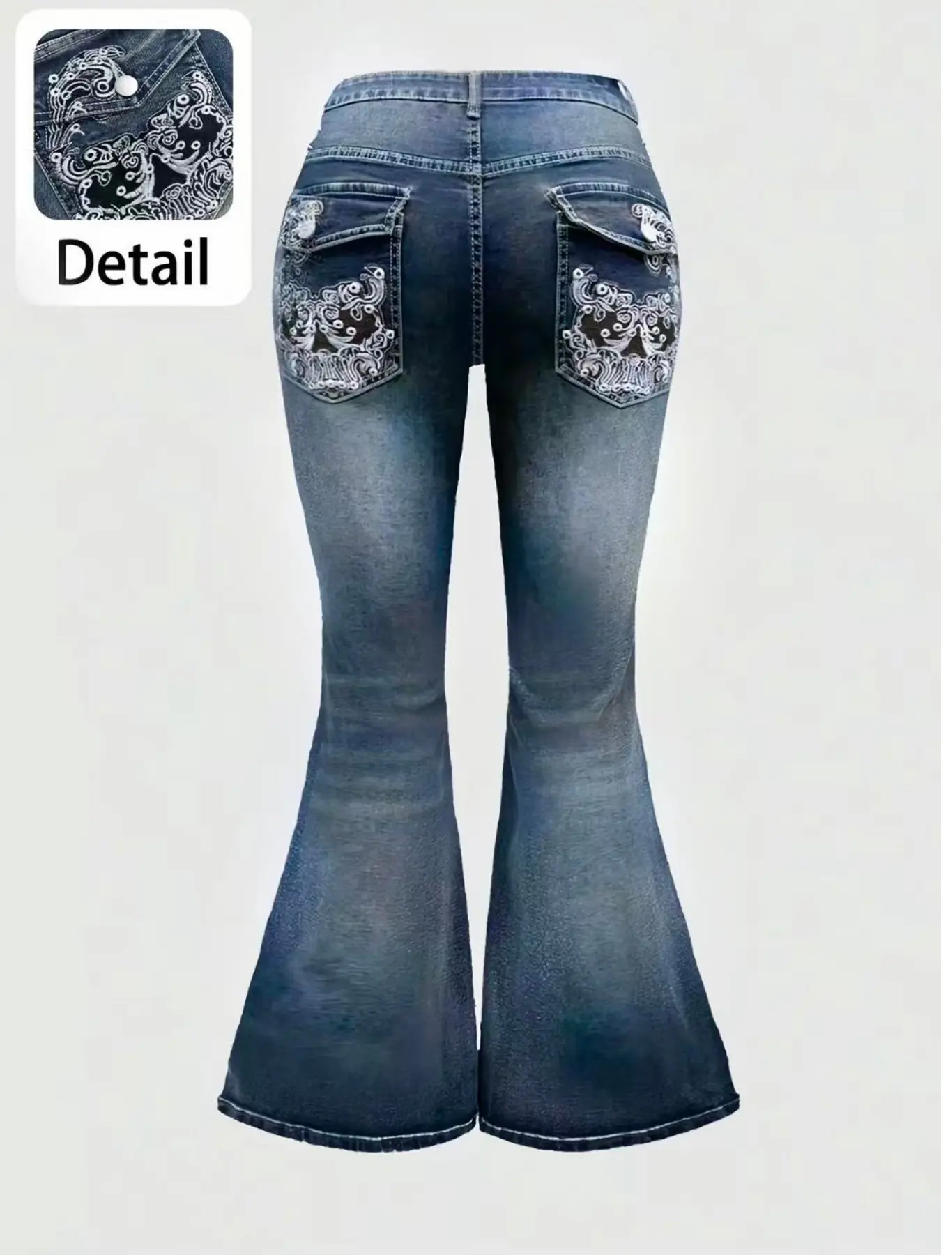 Plus Size High Waist Vintage Washed Flare Denim Jeans, Stretch Bootcut Pants With Retro Embroidered Back Flap Pockets, New Arrival, Butt Lifting Tummy Control Curvy Fit, Western Concert Daily Casual Outfits