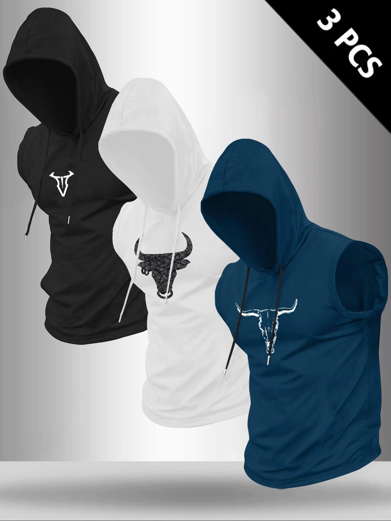 Men's 3-Piece Bull Graphic Print Round Neck Sleeveless T-Shirt Set, Casual Comfortable Fitted Activewear Hooded Vest, Summer Outdoor Athletic Fitness Wear