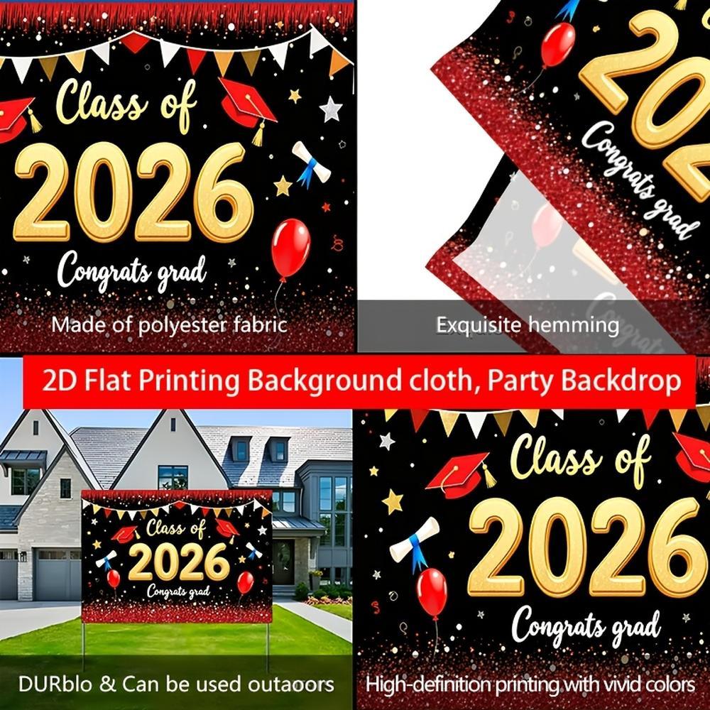2D Flat Banner 2026 Graduation Backdrop, Red and Golden Glitter "Class of 2026" Design, Hanging Cloth for Graduation Photos & Indoor Wall Decoration