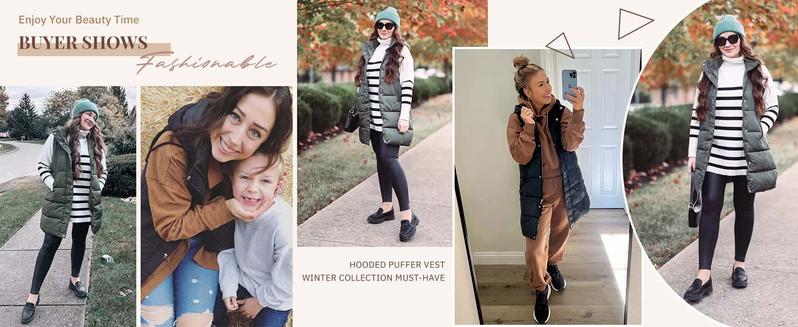 Molitree Women's Long Puffer Vest Cotton Sleeveless Puffy Jacket with Removable Hood - Casual Mid-Length Quilted Gilet with Side Pockets & Full Zip