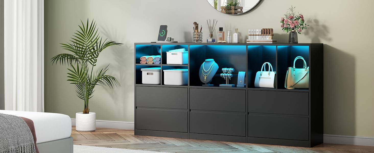 Dresser for Bedroom with 6 Drawers, Chest of Drawers with Led Lights&Charging Station, Storage Drawers with 7 Open Cubbies cicada  drawer nursery  dresser living room drawer