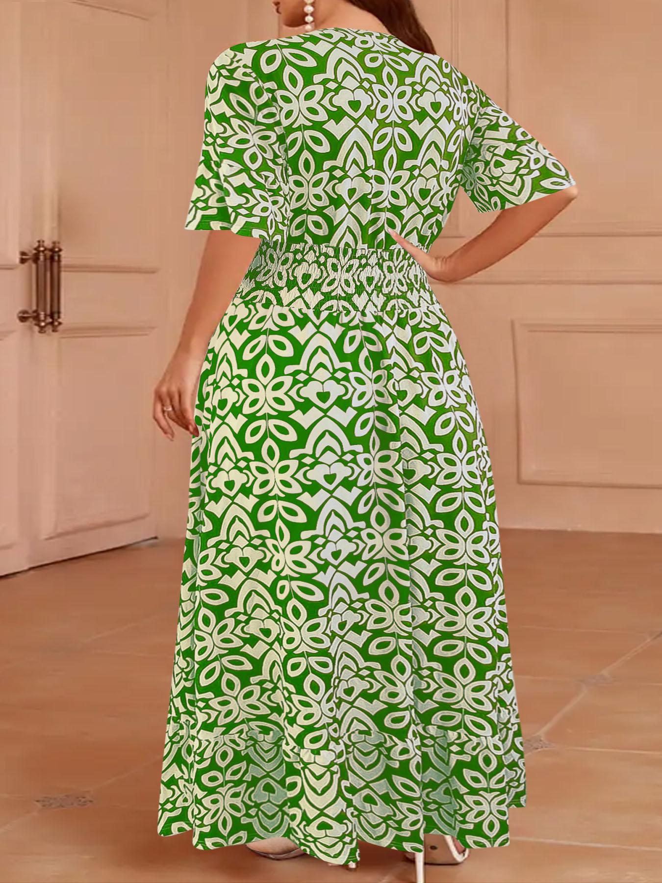 Plus Size Vintage Totem Print Dress, Half Sleeve Design, Curvy Slimming Vacation Dress