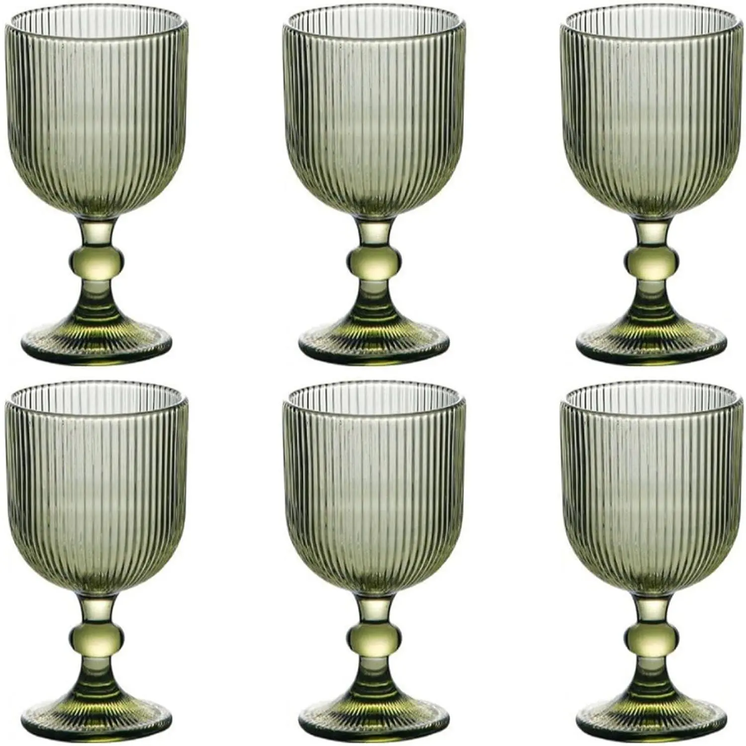 Vintage Colored Glassware Drinkware Set - 6-Piece 13 oz (400ml) Stemmed Vertical Line Embossed Big Wine Goblets for Wedding, Bar