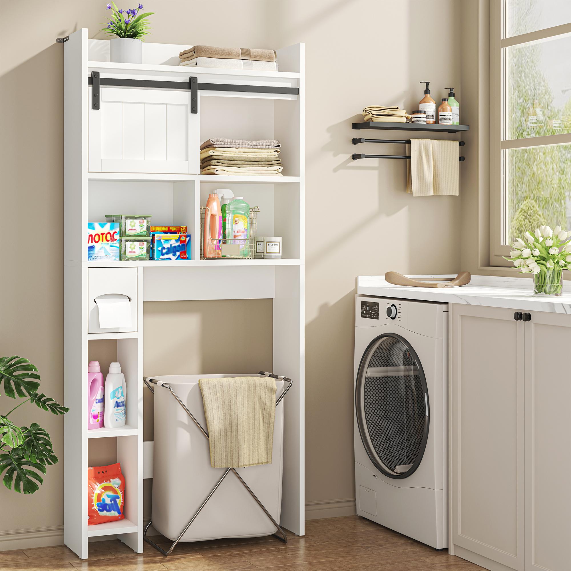 Over-The-Toilet Storage Cabinet with Sliding Door & Toilet Paper Holder Stand, Bathroom Organizer with Side Storage for Restroom