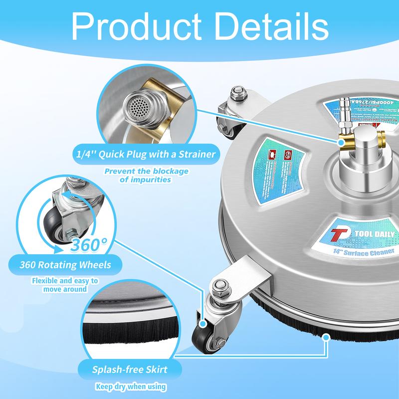 Tool Daily 14” Pressure Washer Surface Cleaner, Stainless Steel Driveway Power Washer Attachment with 4 Wheels, 2 Extension Wands, 4000 PSI，Christmas gifts