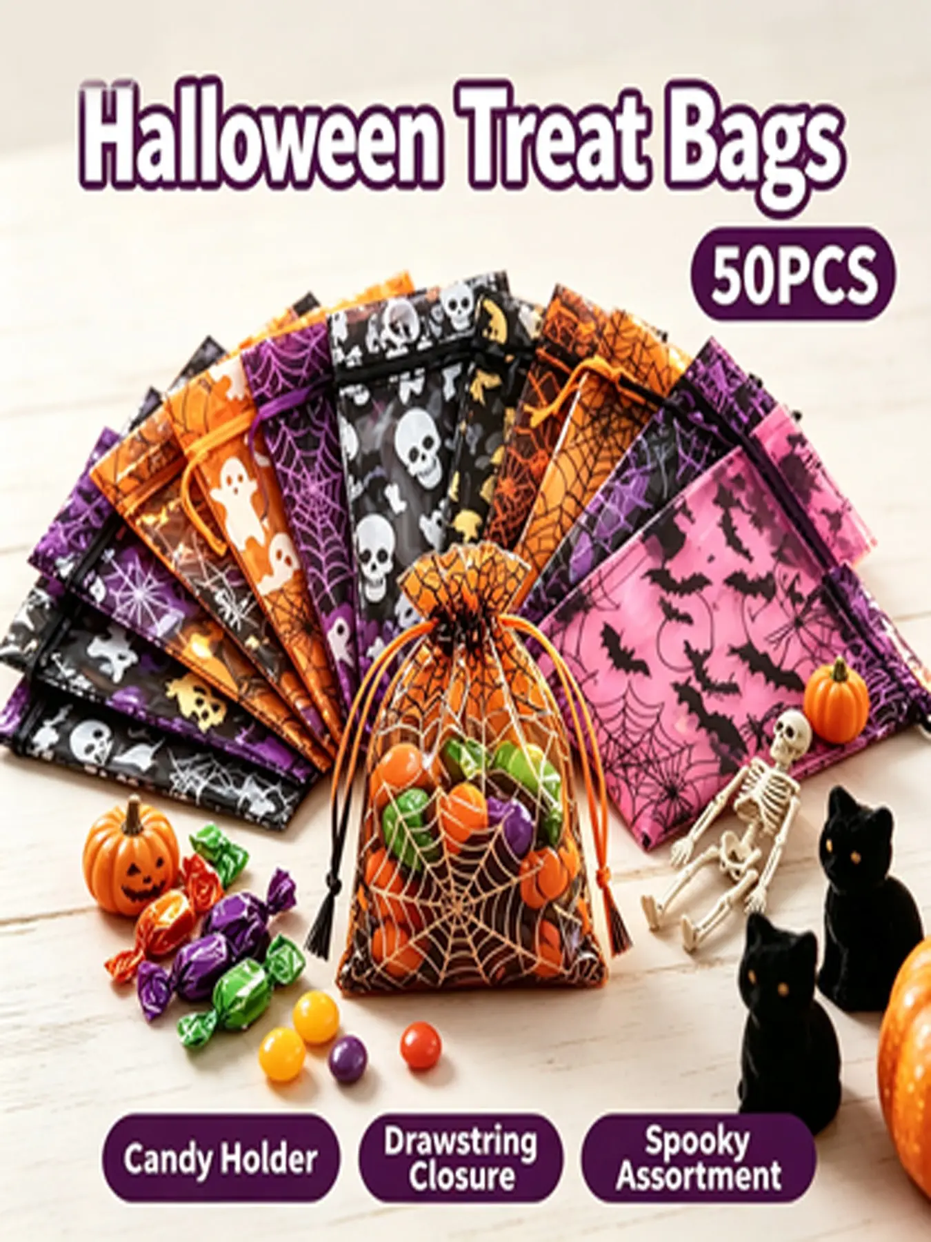 Halloween Gift Bags, 50 Pcs Mixed Color Organza Drawstring Bags, Transparent Candy Bags with Foil Spider Web Print, Durable Party Supplies