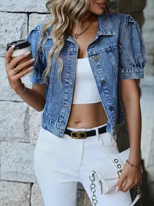 Women's Short Denim Jacket, Bubble Sleeve Single Button Denim Top, Vintage Washed Summer Casual Outerwear, Stylish and Comfortable