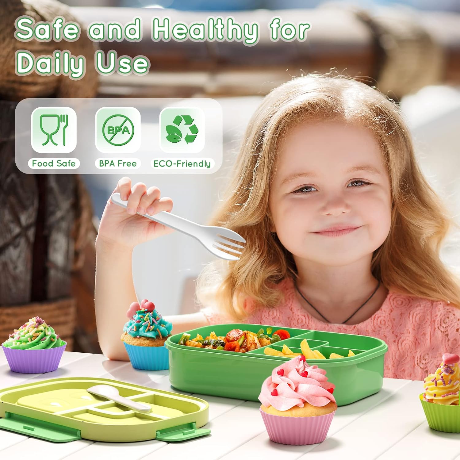 Plastic Bento Lunch Box Set with Lid - Leakproof 44oz 4-Compartment Tableware with Cutlery for Kids' School Meal Packing (Green)