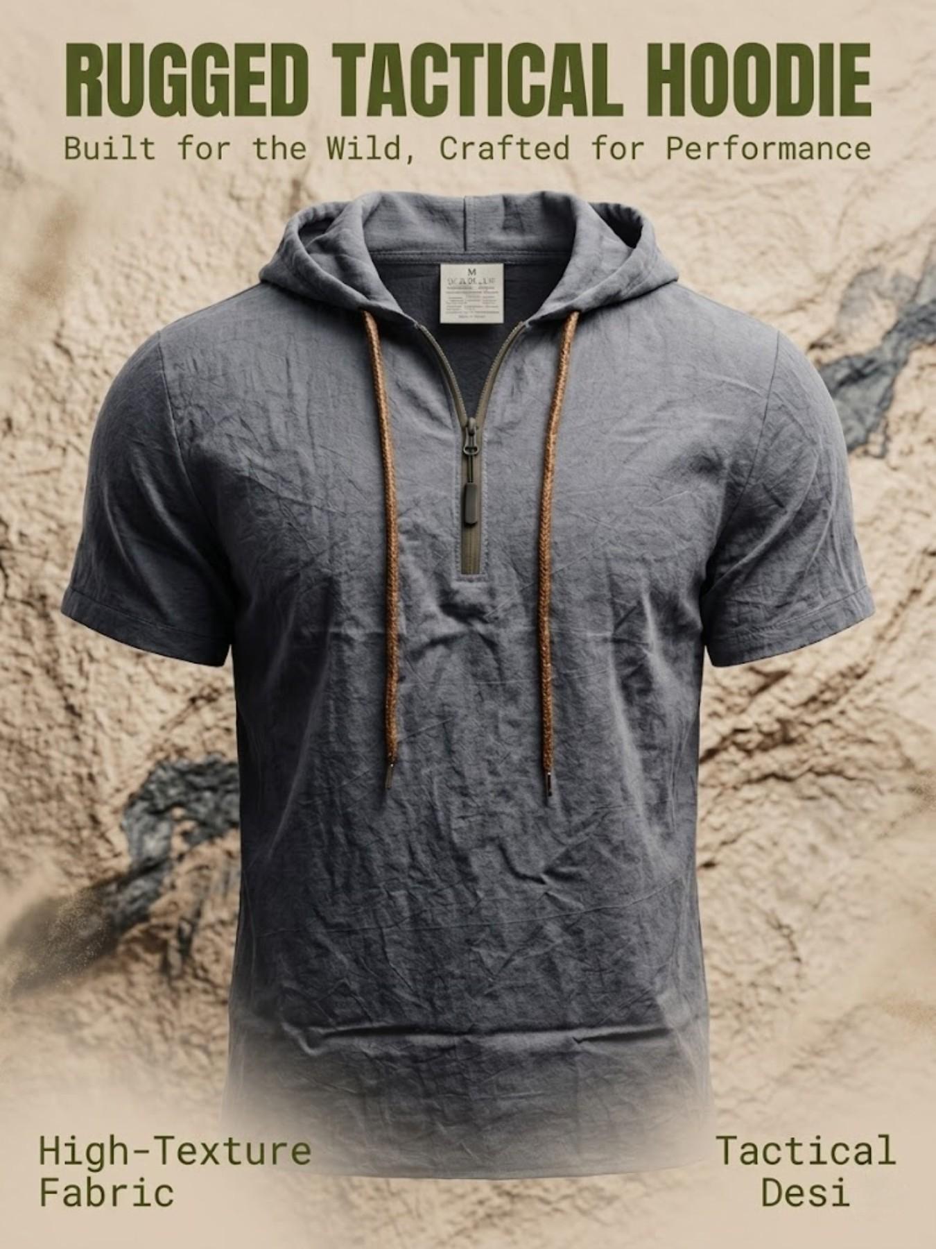 Men's Linen Breathable Half-Zip Hooded Short Sleeve T-Shirt, Summer Casual Sports Sweatshirt, Comfortable Loose Fit Plain Design