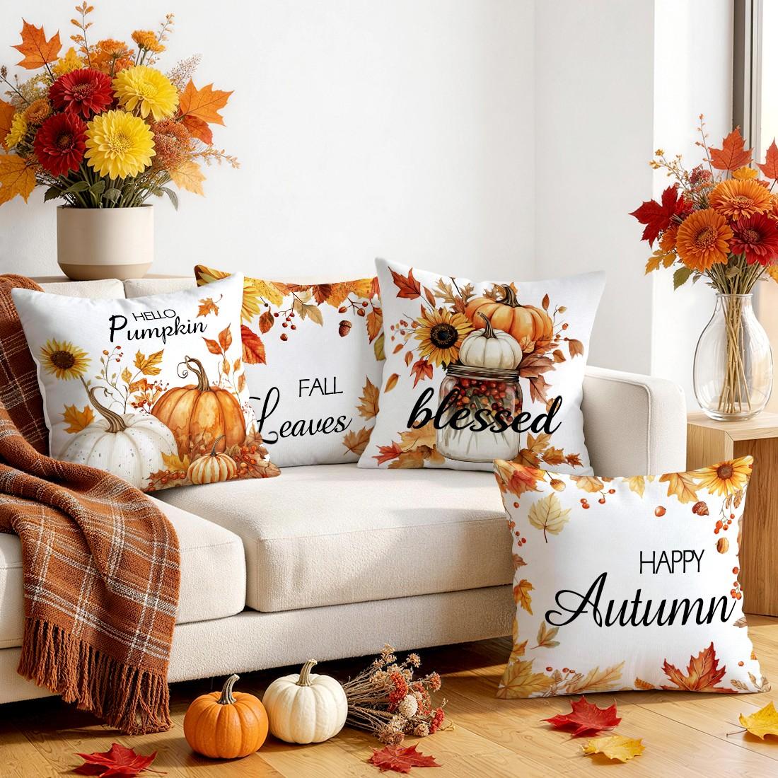 4pcs Autumn Sunflower Maple Leaf Pattern Cushion Covers, Single-Sided Print, Home Decor for Living Room Bedroom, All Seasons