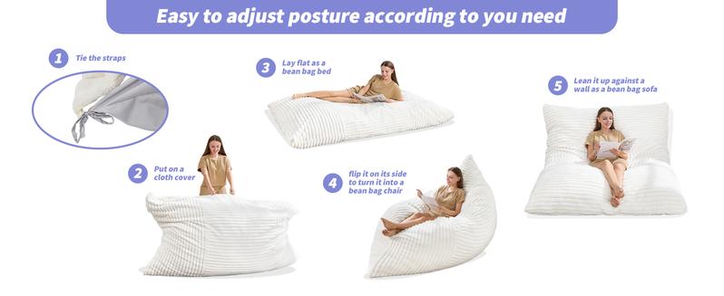 【Hobestluk】3 in 1 Giant Bean Bag Chairs Convertible Bean Bag Floor Cushion with Machine Washable Cover, Beanbag Chairs for Adult - 56"D x 76"W x 7"H