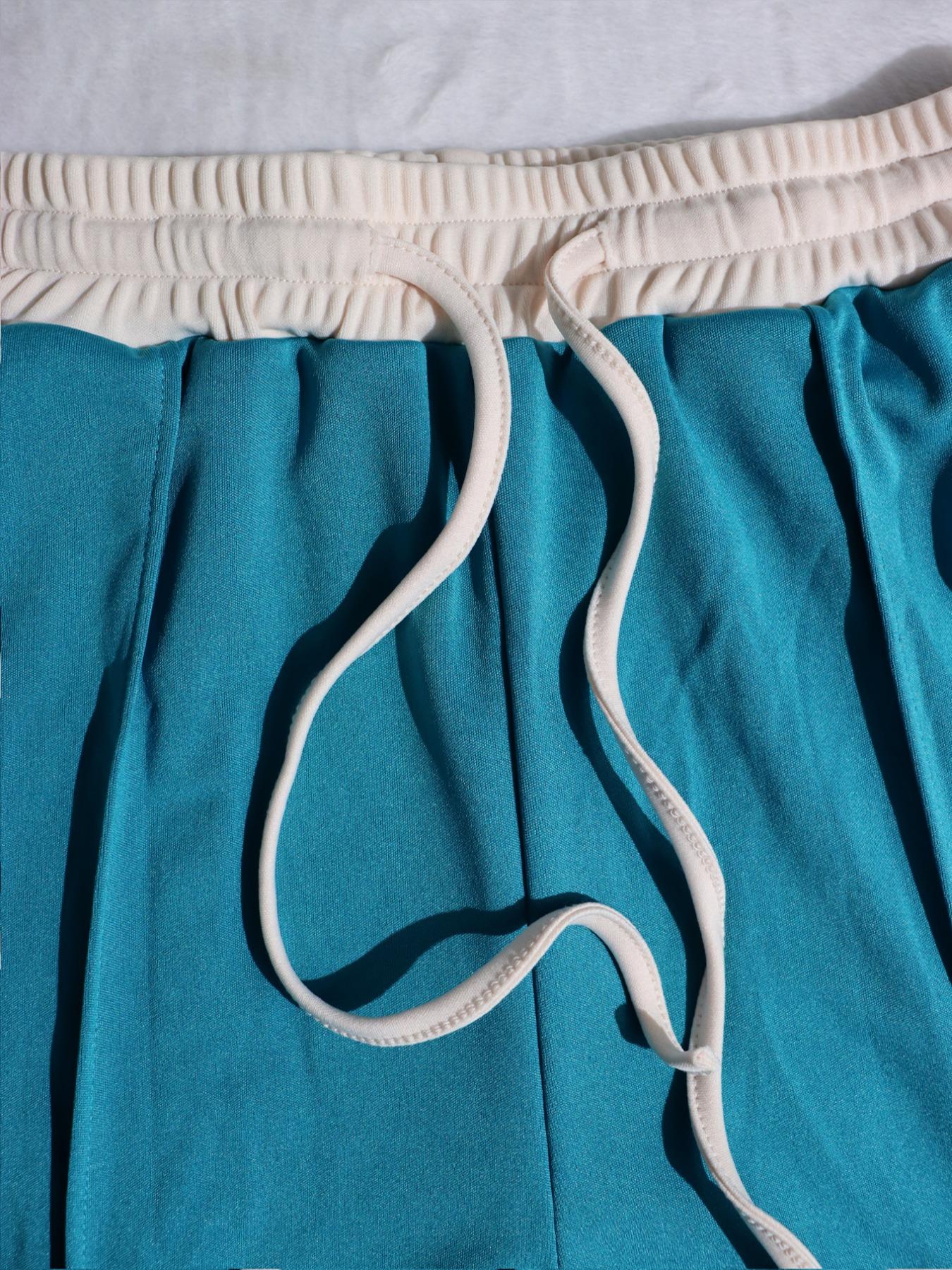 Women's 2-Piece Colorblock Fitted Zipper Jacket & Wide-Leg Pants Set, Casual Streetwear, Daily Commute Fashion, Trendy Women's Clothing