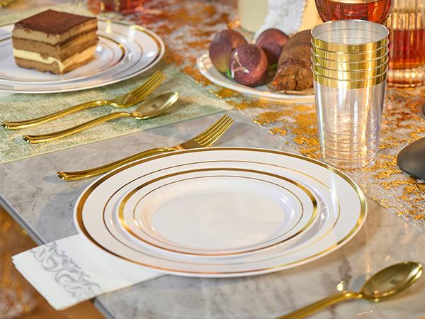 Kerilyn 350/700 Pieces Gold Dinnerware Set - 100 Guests Clear Disposable Dinnerware Set for Party, Wedding, Include: 200 Clear Plates with Gold Trim, 100 Cups, 100 Napkins, 100 Plastic Silverware Sets