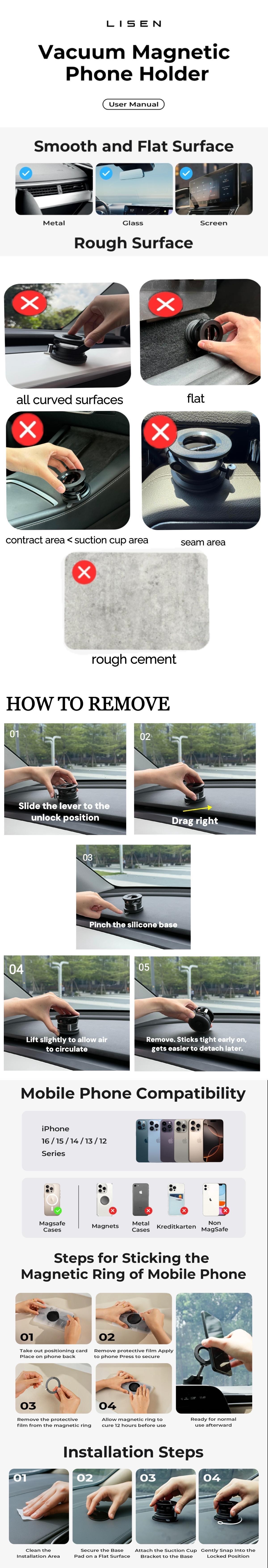 LISEN Suctionpro Phone Holder, 360°Vacuum MagSafe Car Mount, Suction Phone Mount with One-Step Lock, Retractable, Compact & Stable Design, Car Accessories LISEN Suctionpro Phone Holder, 360°Vacuum MagSafe Car Mount, Suction Phone Mount with One-Step Lock, Retractable, Compact & Stable Design, Car Accessories