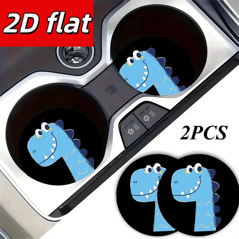 2D Flat,2pcs Cute Blue Dinosaur Print Car Cup Holder Coaster Mats,party Favors, Holiday Gifts Universal Car Interior Accessory, Ideal Gift for Both Men and Women, Suitable for Car Enthusiasts., 2D Flat