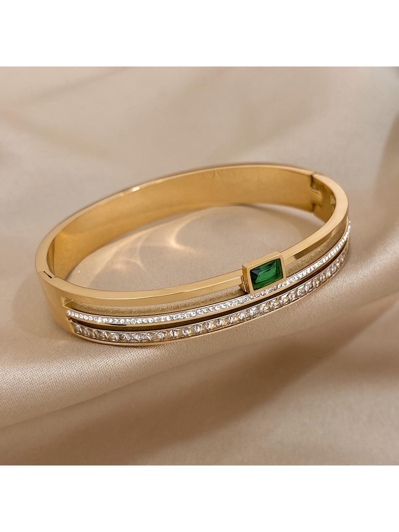 Luxury Stainless Steel Bracelet for Men Women Gold Waterproof Bracelet with Green White Diamonds Wide Band Jewelry New Year Valentine's Day Gift