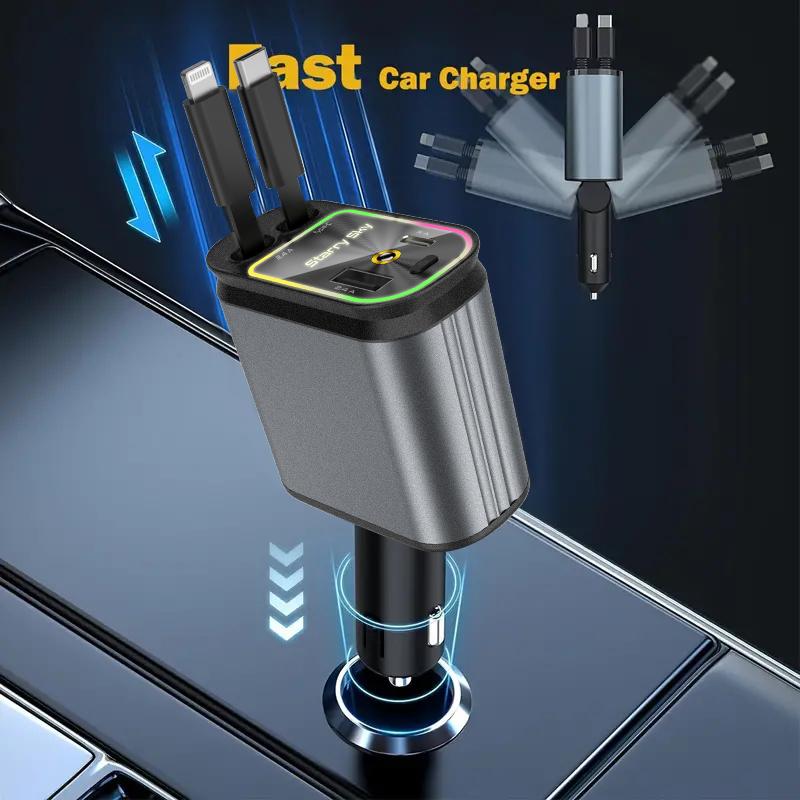 4-in-1 Headliner Fast Charging Retractable Car Charger Starlight Roof Projector with Red and Blue Light, 31-inch Retractable Cable (for Type-C and iOS Devices),- Travel Car Accessories​​