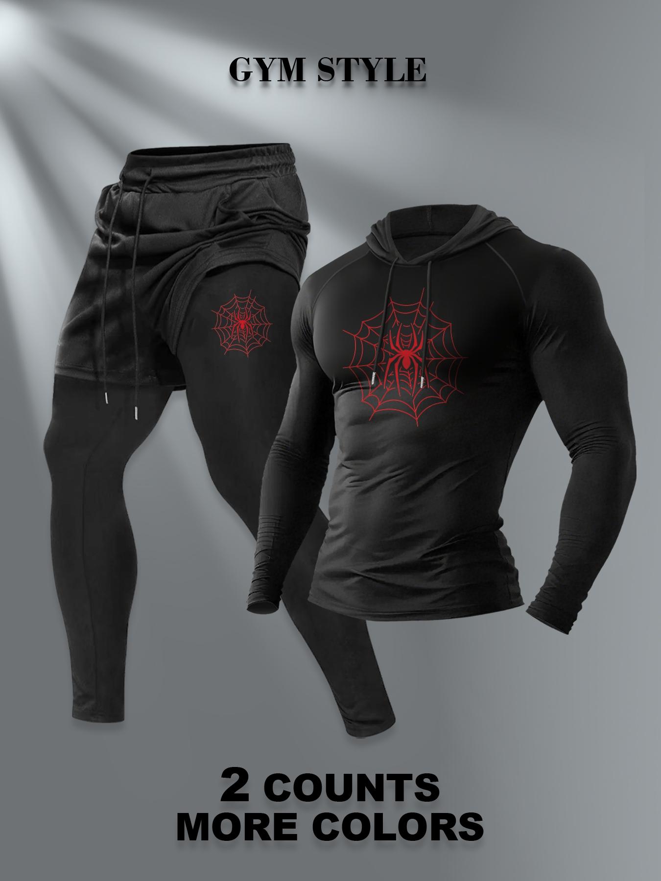 Men's Gym Hooded Long Sleeve T-Shirt + Faux Two-Piece Pants Set, Casual Fall & Winter, Moderate Fabric, Fitted Style