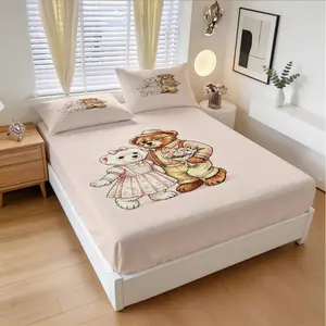 Casual Couple Bear Fitted Sheet Set, Soft Skin-Friendly, 3 Pieces (1 Fitted Sheet + 2 Pillowcases), Deep Pocket, Cute Bear Print, Pink Bedding for Girls Teens Bedroom, Aesthetic Room Decor, All Seasons