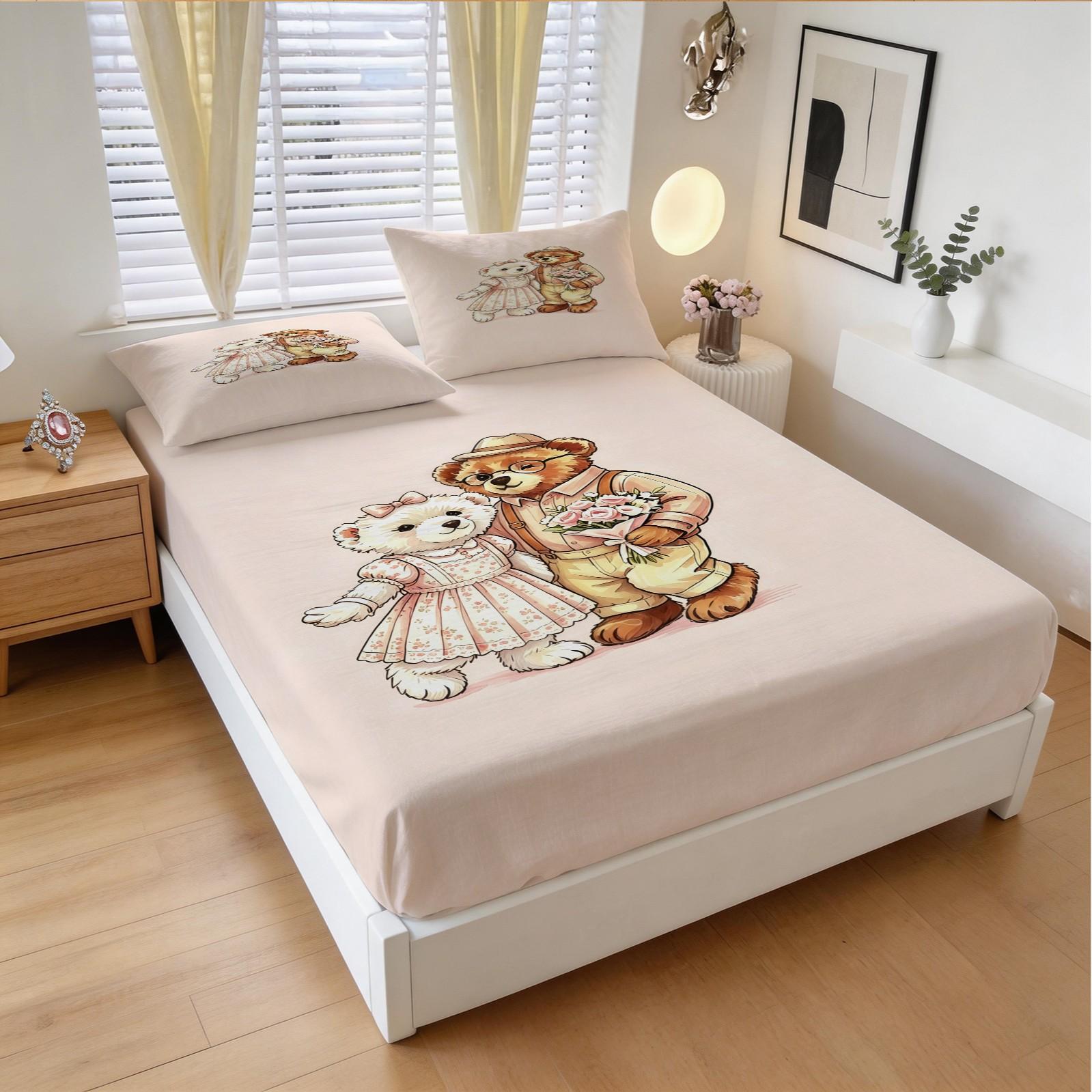 Casual Couple Bear Fitted Sheet Set, Soft Skin-Friendly, 3 Pieces (1 Fitted Sheet + 2 Pillowcases), Deep Pocket, Cute Bear Print, Pink Bedding for Girls Teens Bedroom, Aesthetic Room Decor, All Seasons