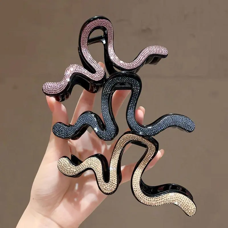 Wavy Style Full Diamond Hair Clips Hairband Large Size Back Head Shark Clip Headband Women Versatile Hair Claws Hair Accessorie