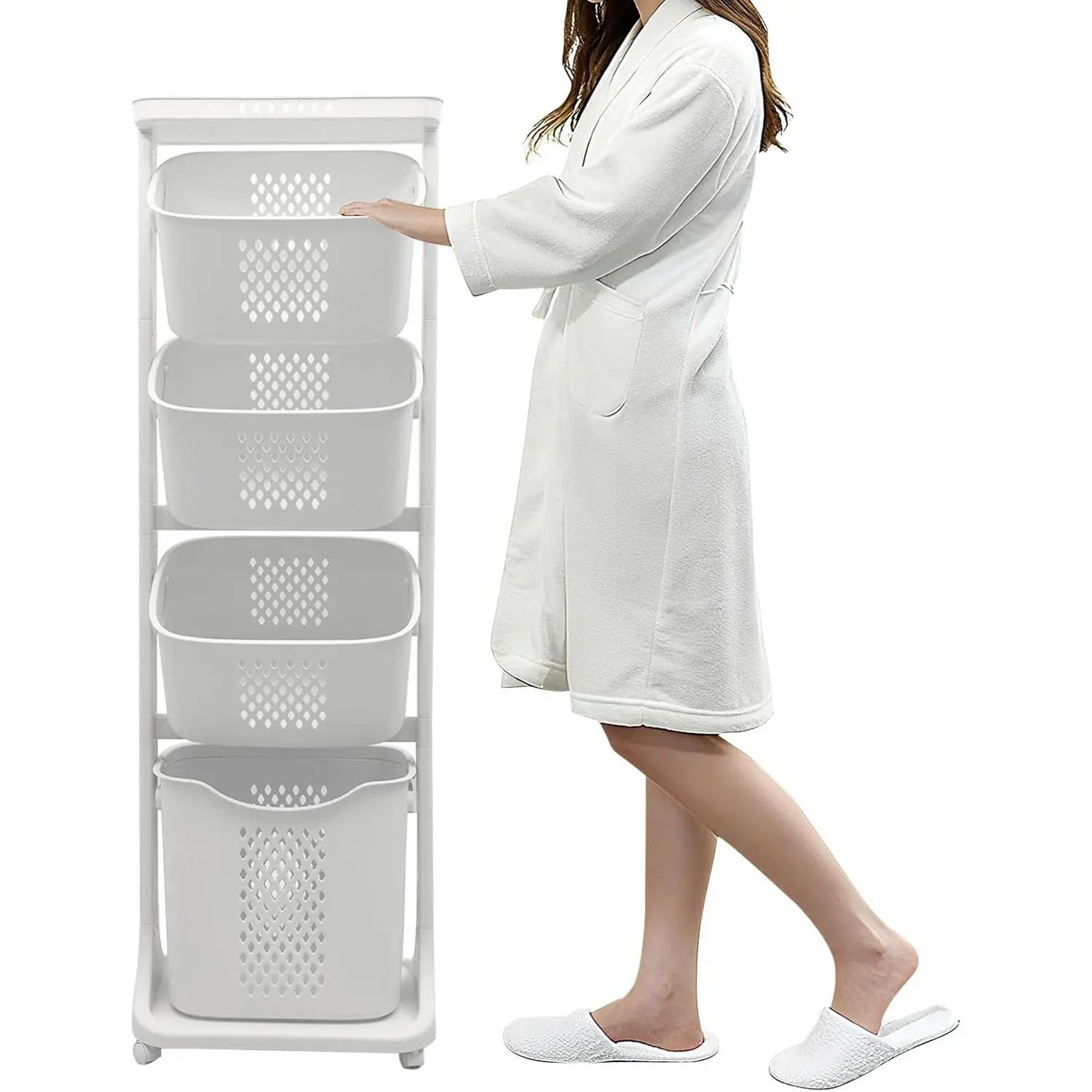 4-Tier Laundry Hamper Sorter, Vertical Rolling Laundry Baskets with Wheels Removable, Stackable Laundry Cart Organizer and Storage for Small Space, Dorm, Closet, Bathroom
