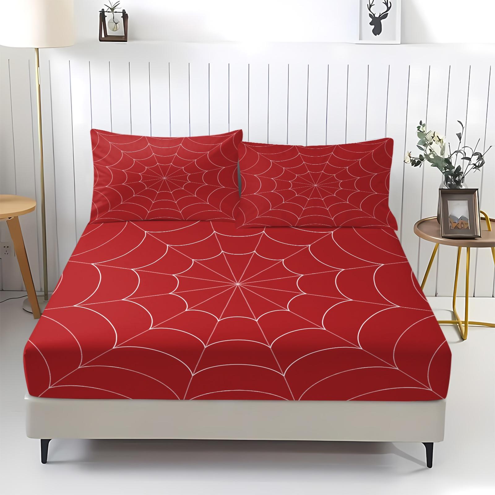 Creative Spider-Man Web Pattern Bed Sheet Set, Unique Printed Bedding, Anti-Slip Dustproof Cover, Dust Prevention, Includes 1 Fitted Sheet & 2 Pillowcases